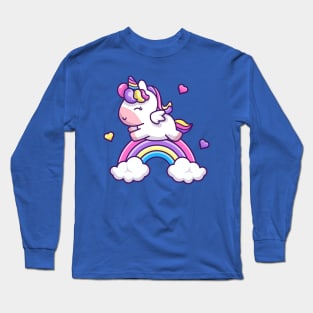 Cute Unicorn With Rainbow Cartoon Long Sleeve T-Shirt